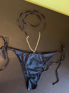 Black Tie-Side Bikini Bottom with Gold Chain Accent